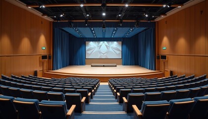 Modern corporate auditorium features tiered blue seating facing wide stage. Large projection screen displays abstract geometric graphics. Advanced audio-visual equipment, warm wood paneling create