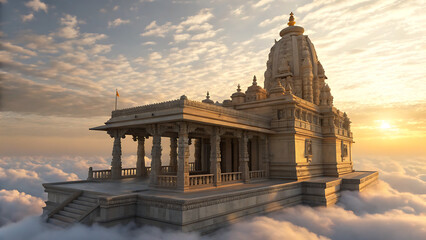 Serene Sunrise:  Hindu Temple Above Clouds, Spiritual, Peaceful, Architectural Detail, Golden Hour Light