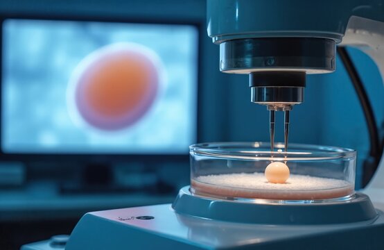 IVF laboratory micromanipulator operates on Petri dish with ovum. Sperm cryopreservation and egg insemination using advanced reproductive technology. Scientific research for fertilization.