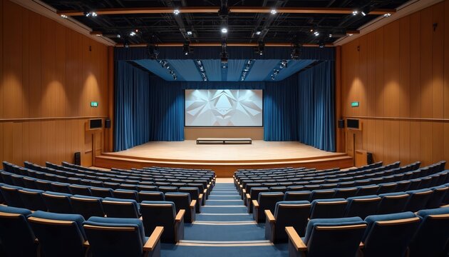 Modern corporate auditorium features tiered blue seating facing wide stage. Large projection screen displays abstract geometric graphics. Advanced audio-visual equipment, warm wood paneling create