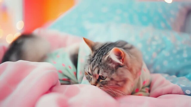 A fluffy cat wearing a polkadot outfit is nestled in soft pink blankets