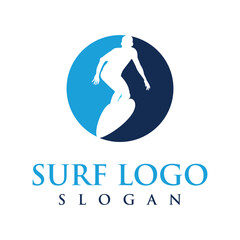 Surfing logo design circle with a silhouette of a surfer on a board	
