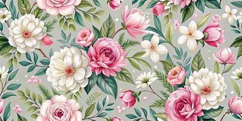 Elegant seamless floral pattern with vibrant blooms and delicate leaves in shades of pink and white