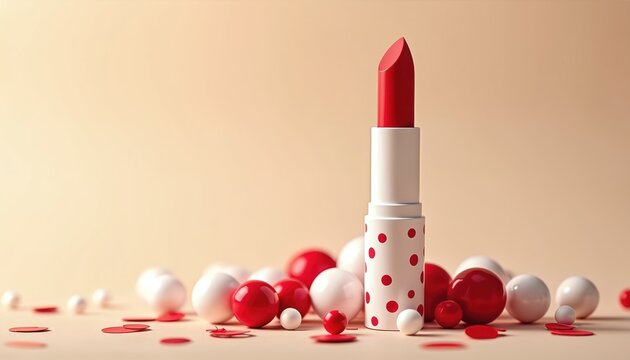 Elegant red lipstick product shot on beige backdrop. Features clean white tube with red polka dots, surrounded by red, white spheres. Minimalist design for beauty advertising, makeup promotion,