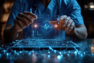 Medical professional wearing blue scrubs interacting with a futuristic transparent digital interface displaying a heart rate graph and data hologram above a tablet