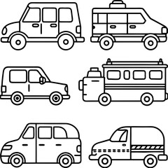 Collection of simple line art vehicles including cars and trucks