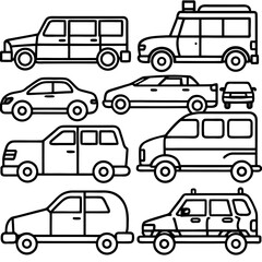 Collection of diverse vehicle silhouettes in black and white outline