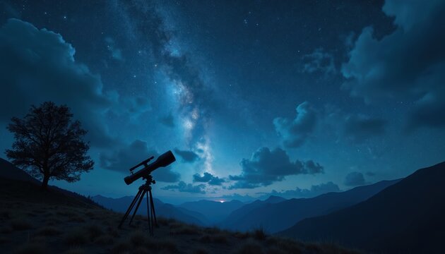 Telescope set up on a grassy hill observing the Milky Way galaxy at night. Silhouetted mountains and a lone tree under a starry sky with clouds. Captures the wonder of astronomy and space exploration. - Powered by Adobe