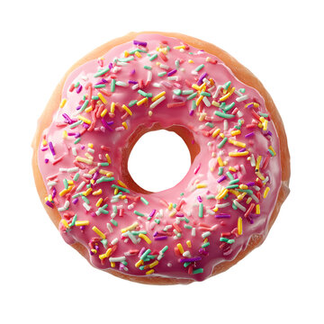 Close up overhead view of a delicious pink frosted donut with colorful sprinkles isolated on transparent background