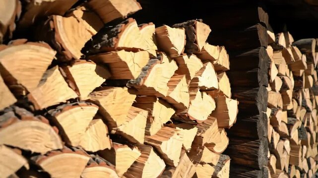 Stack of split firewood logs prepared for winter season