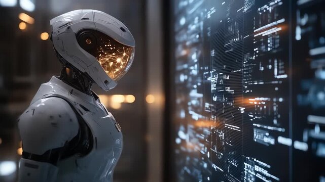 A futuristic robot examines a glowing digital display