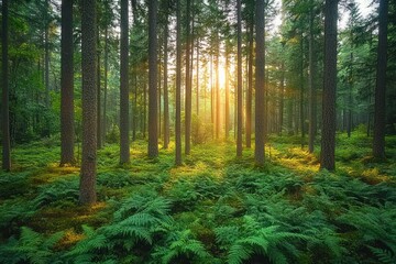 Obraz premium Sunlight shining through tall pine trees over a lush green forest floor covered with ferns creating a peaceful and vibrant natural scene