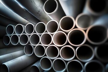 Close-up view of multiple stacked gray industrial pipes with circular openings creating a repetitive geometric pattern and a sense of depth