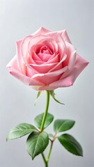 delicate pink rose in full bloom on a crisp white background