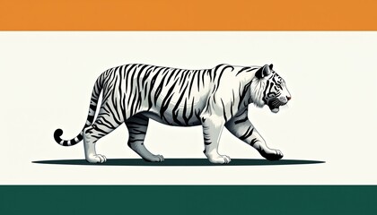 Obraz premium Majestic white tiger illustration walks confidently against striking tricolor background. Saffron, green bands frame powerful predator Indian national pride, strength. Features elegant stripes,