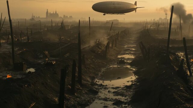 A blimp floats above a desolate battlefield with remnants of structures and smoke rising in the distance during sunset