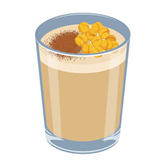 A glass beverage with a light beige color, topped with a sprinkle of brown spices and yellow-gold pieces, presented in a transparent glass.