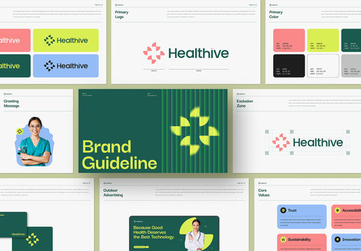 Modern HealthTech Brand Guidelines Presentation Template with Green Accent