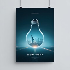 Creative Light Bulb Poster Featuring New York City Skyline and Statue of Liberty in Modern Digital Art Style