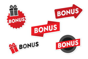 Set of red vector gift stickers with bonus text without background