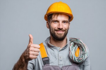 Joyful electrician giving a thumbs up while holding electrical wires in a well-lit indoor setting, showcasing a proud moment in his work attire