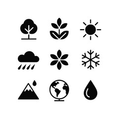 Collection of nine nature and weather icons representing seasons and elements like tree rain sun snowflake earth.