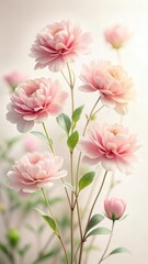 Softly petal pink flowers against a simple white background with delicate leaves and stems