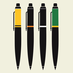 Four colorful pens with black barrels and clips on a light background