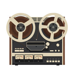 A vintage, flat illustration of a classic reel-to-reel tape recorder, showcasing its intricate design and warm color palette.