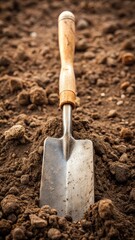 Weathered garden tool with wooden handle