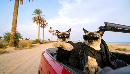 Two cats in sunglasses driving a red convertible on a sunny beach road