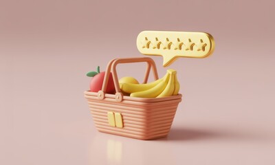 Fototapeta premium 3D Rendered Peach Shopping Basket Filled with Bananas and Apple, Featuring a Golden Star Rating Speech Bubble