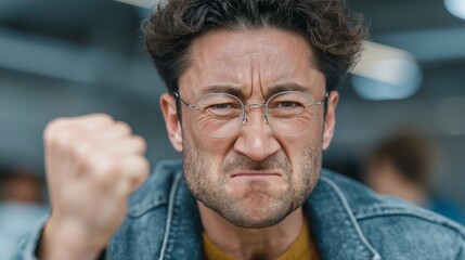 Obraz premium Frustrated man clenching fist for stress-related content, mental health awareness, and workplace tension visuals, mid-range close-up, neutral office background, eye contact, right side focus