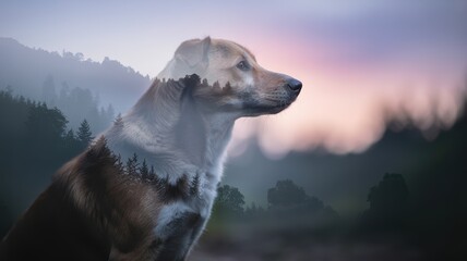 Serene dog with a double exposure of misty forest landscape at sunrise