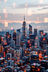 Fototapeta premium Vibrant City Skyline with Digital Overlay and Graphical Elements at Sunset