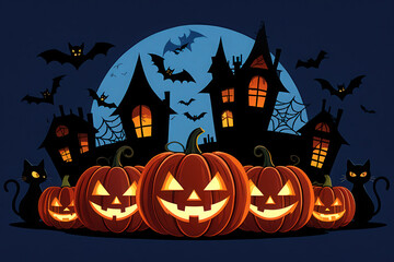 Spooky Halloween night with glowing jack-o-lanterns and a haunted house under a full moon