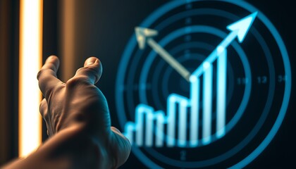 Hand reaching towards digital radar screen with upward trending bar graph image photo