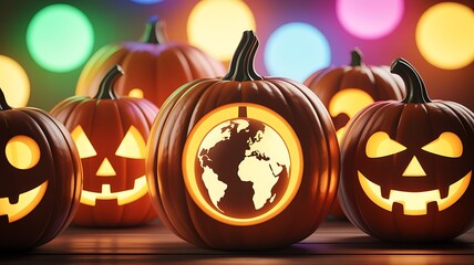 Global Halloween Pumpkin Carving Tradition Celebrated with Earth Imagery and Festive Glowing Background Decorations for Spooky Season