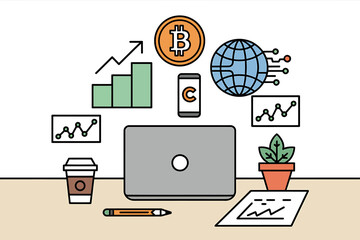 Cryptocurrency Investment Flat Cartoon Illustration of a Bitcoin Trader's Workspace