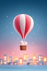 Obraz premium Colorful Red White Hot Air Balloon Floating Over Cityscape at Sunset