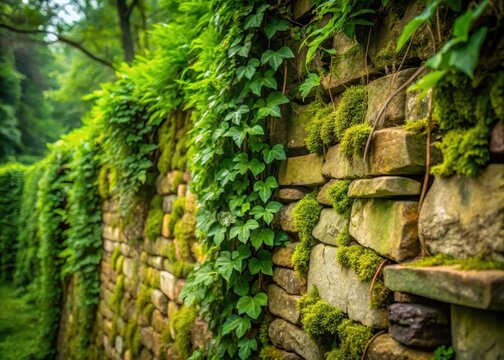 A weathered stone wall with lush green vines and moss growth - Powered by Adobe