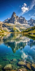 Panoramic view of Massif de Belledone peak with serene lake in the foreground