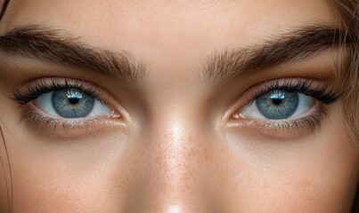 Obraz premium Close-up of a person's light blue eyes with long eyelashes, natural eyebrows, and smooth skin highlighting detailed eye texture and light reflections