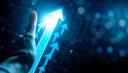Hand with thumb up pointing at bright blue upward trending arrow graph on dark background gesture approval