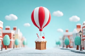 Whimsical Hot Air Balloon Floating Over Cartoon Style Town Street with Ice Cream Basket Fun Atmosphere