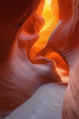 Obraz premium Narrow winding sandstone canyon illuminated by warm sunlight creating glowing orange and red textured rock formations with smooth curves