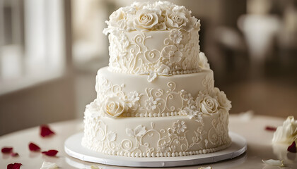 Three-tiered wedding cake with white fondant base, intricate floral designs. White roses, daisies adorn cake, creating sophisticated look. Scattered rose petals surround cake, emphasizing