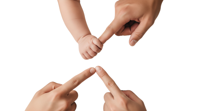 Loving parents tenderly touch baby's tiny fingers, symbolizing family connection and new beginnings.