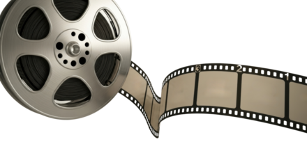 Vintage film reel unwinding with classic celluloid strip, capturing cinematic moments and storytelling