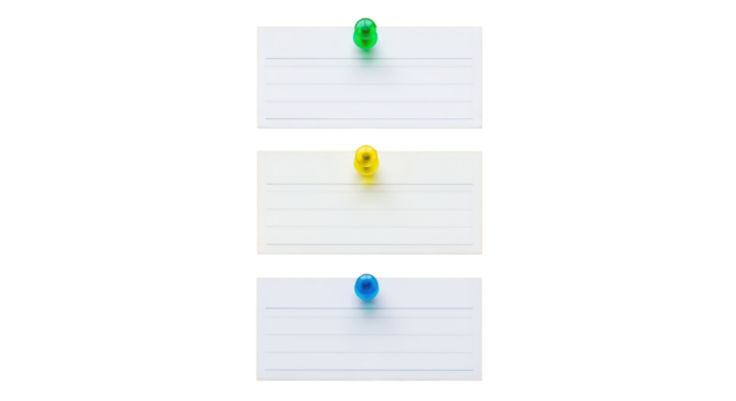 Three blank lined notes with colorful pushpins ready for your ideas and messages